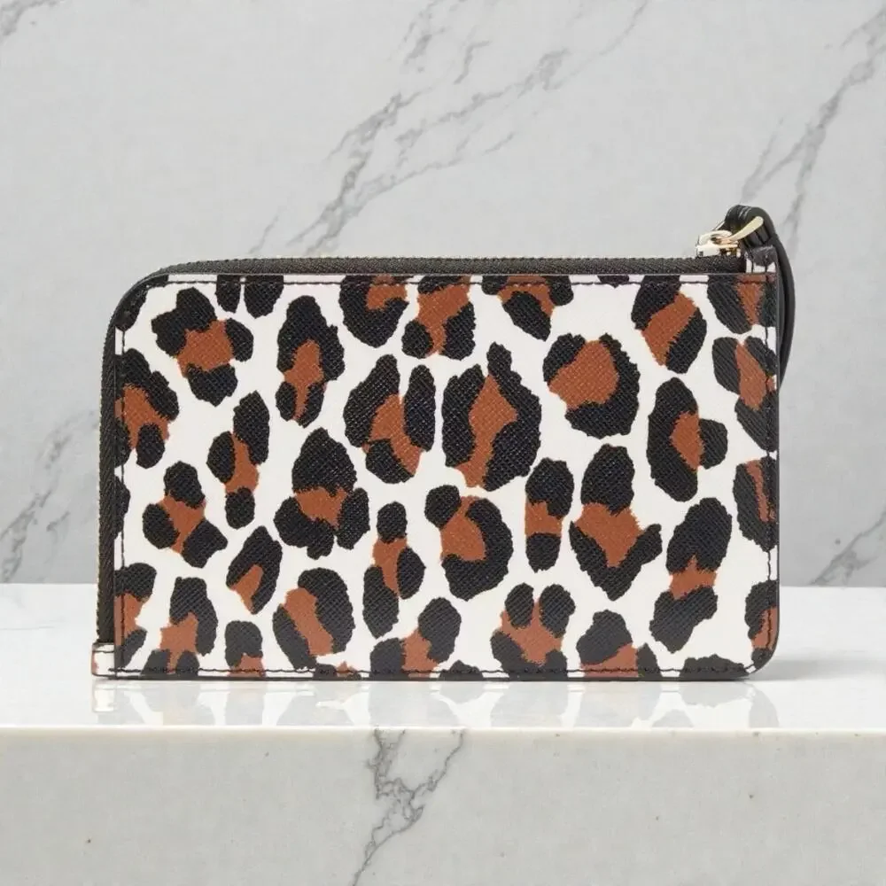 Kate Spade Lucy Leopard Small L Zip Wristlet in Cream Multi KH770